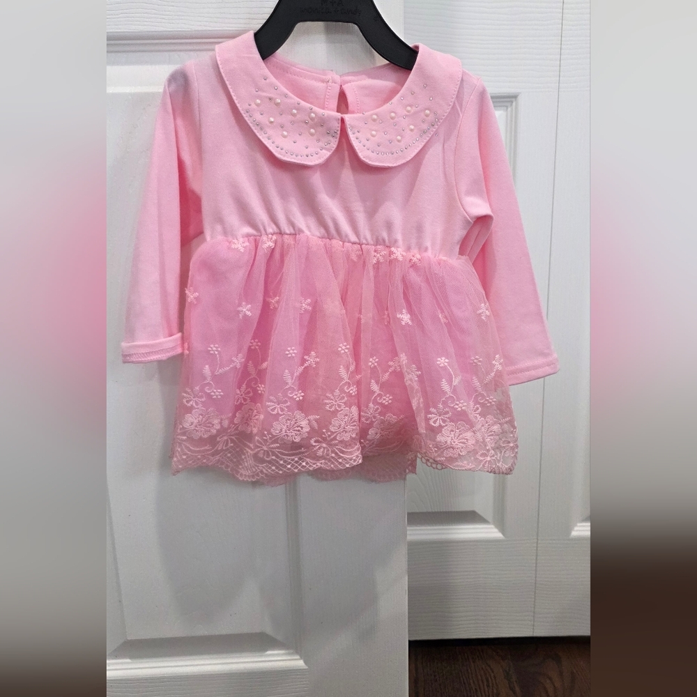 Pink Long Sleeve Dress with Embroidered Tulle Skirt
